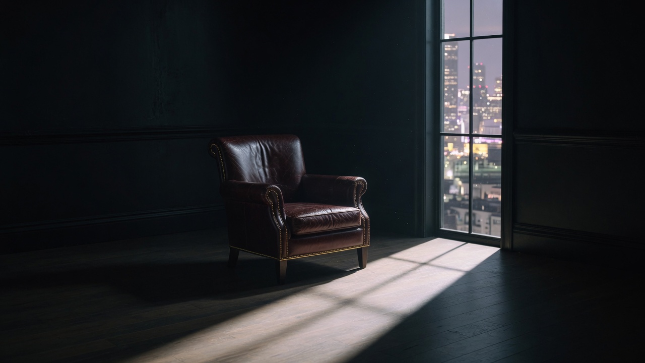 Empty leather chair in a dark room, city light through one window