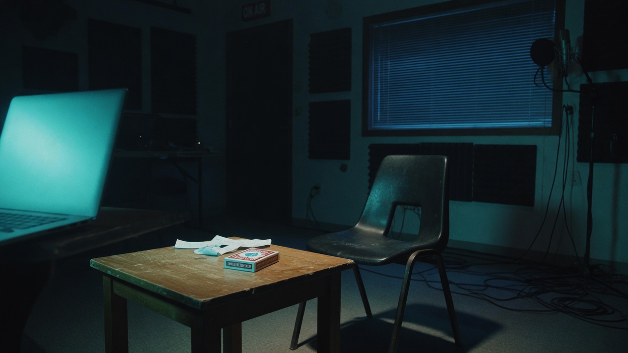 Empty night studio, one practical light, a room waiting