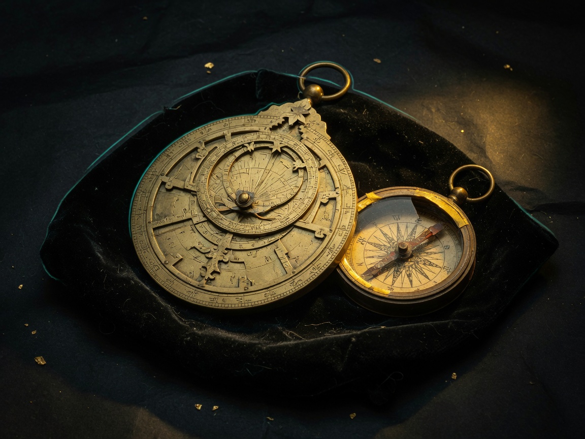 Brass astrolabe and compass on dark velvet