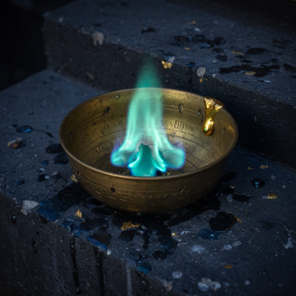 Teal flame in a brass bowl on wet concrete