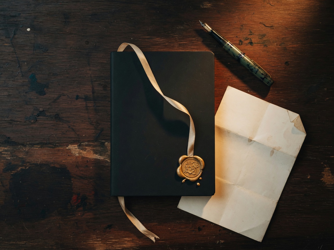 Closed notebook with a wax seal, fountain pen, and folded letter